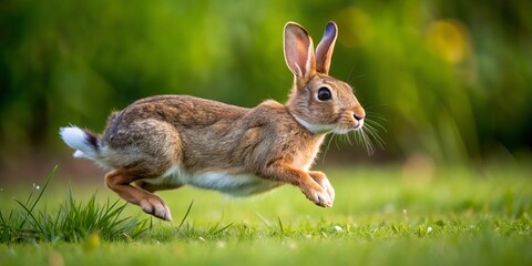 Fototapeta premium A brown and white bunny rabbit runs quickly across a grassy field, its ears back and its body