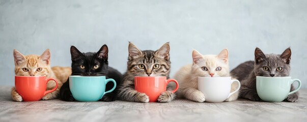 A cat cafe-themed festival booth with cats lounging around coffee cups, cat cafe, cats, coffee cups