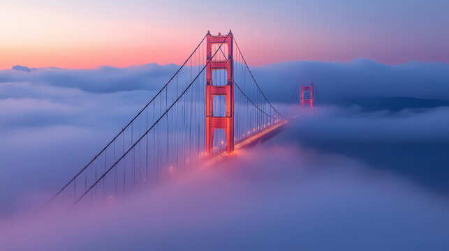 the golden gate bridge in san francisco, covered by clouds during sunset - Powered by Adobe