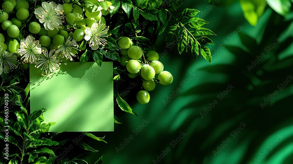 Poster a close-up of grapes on a tree with a green card centered in the frame
