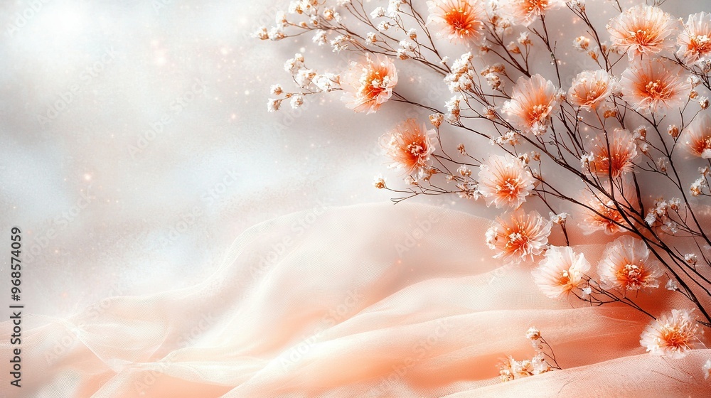 Poster   A close-up of a group of flowers on a white background with a hazy backdrop of blooms
