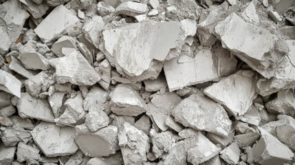 Crumbled pieces of concrete debris piled up, showcasing the rough, uneven surfaces and the aftermath of demolition
