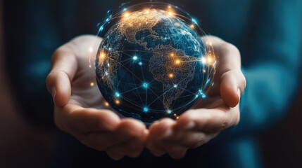 Fototapeta premium Digital globe encircled by network connections cradled in human hands, illustrating the interconnectedness of global communication.