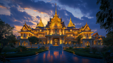 Obraz premium the grand palace of bangkok in thailand is illuminated by golden lights during the evening