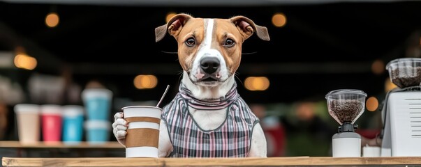 A dog dressed as a barista, serving coffee at a festival stand, dog barista, serving coffee, festival
