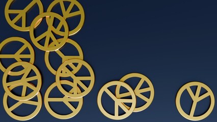 A 3D rendering of scattered gold peace symbol. it is a widely recognized international symbol of peace, anti-war, and anti-violence movements