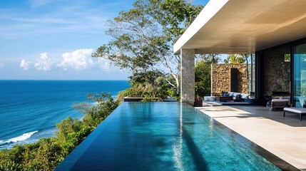 Fototapeta premium Serene Oceanfront Villa: A Stunning Poster for Relaxation Spaces, Featuring Majestic Trees, Flowing Pool, and Rich Blue Palette – Perfect for Sports Interiors!