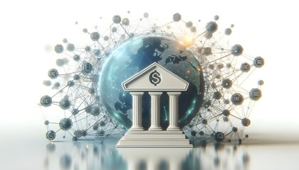 
Digital icon of a bank surrounded by an abstract network of interconnected lines and nodes. 3D Rendering