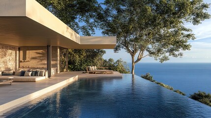 Fototapeta premium Serene Oceanfront Villa: A Stunning Poster for Relaxation Spaces, Featuring Majestic Trees, Flowing Pool, and Rich Blue Palette – Perfect for Sports Interiors!