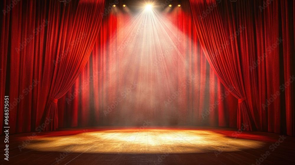 Poster elegant red curtains with a single spotlight shining down onto an empty stage, perfect for a perform
