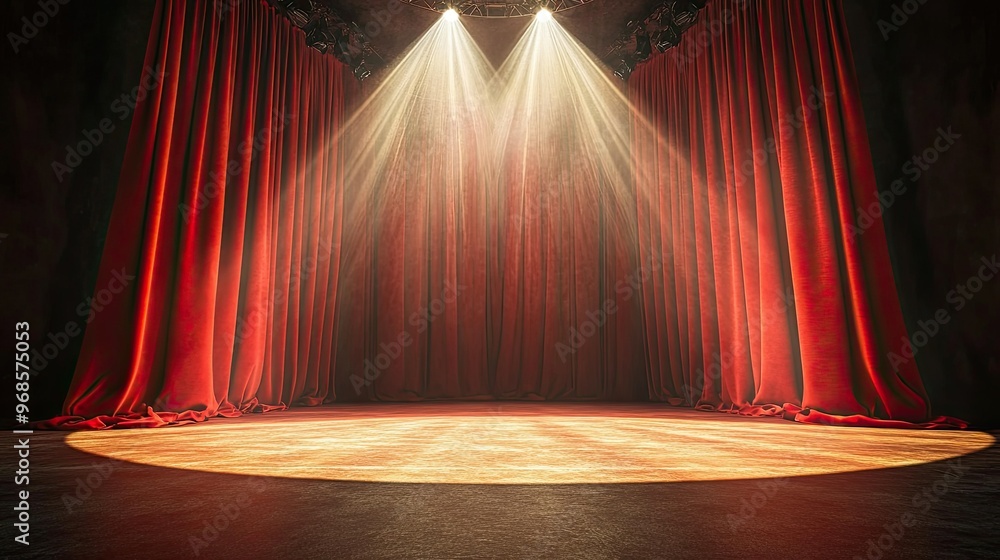Poster elegant red curtains with a single spotlight shining down onto an empty stage, perfect for a perform