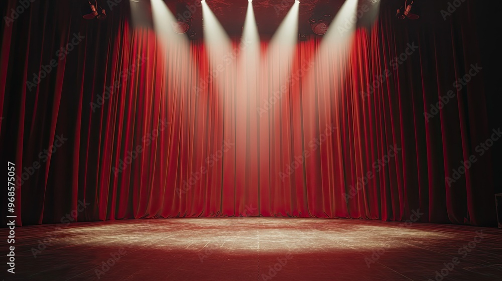 Poster elegant red curtains with a single spotlight shining down onto an empty stage, perfect for a perform