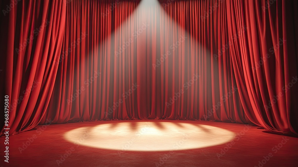 Poster elegant red curtains with a single spotlight shining down onto an empty stage, perfect for a perform