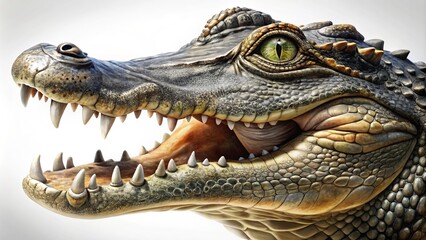 Obraz premium A close-up of an alligator's visage reveals intricate scales that glisten like polished metal and razor-sharp teeth in