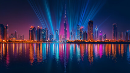 Fototapeta premium the illuminated skyline of dubai at night, with the lights reflecting on the river