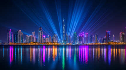 Fototapeta premium the illuminated skyline of dubai at night, with the lights reflecting on the river