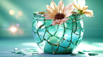  A close-up vase with a flower on a table, under bright lighting