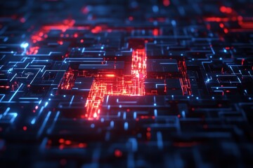 Obraz premium digital maze set within a virtual world, featuring glowing neon walls and vibrant data streams that guide the user through a challenging cyberspace puzzle.