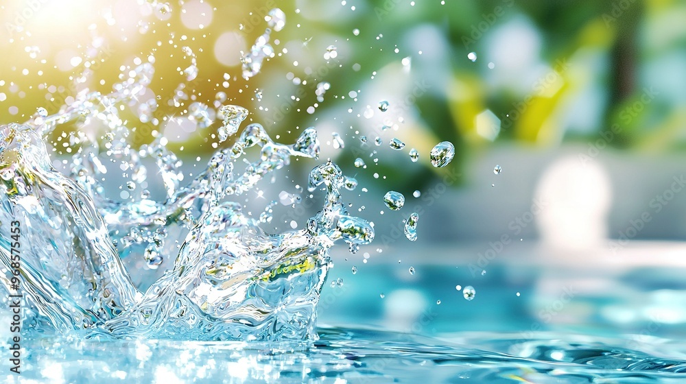 Poster a close-up shot of water splashing onto a pool surface, surrounded by a hazy forest backdrop