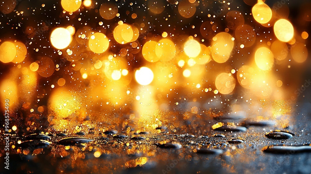 Poster a close-up of a damp surface with droplets of water and a hazy background of ambient light sources