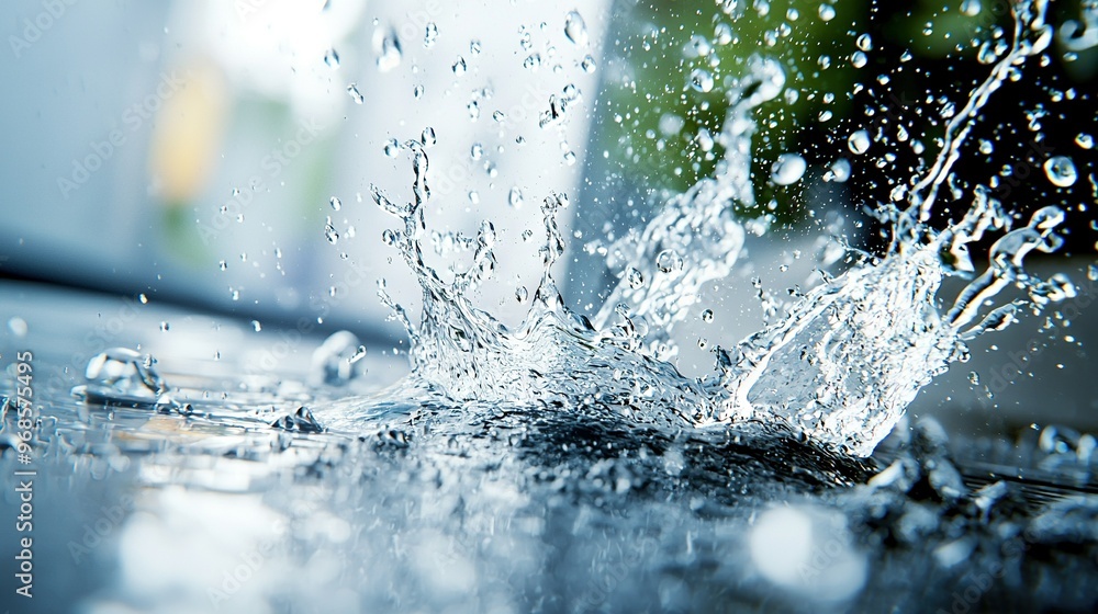 Poster a clear image showing a laptop submerged in water, with a hazy backdrop of buildings