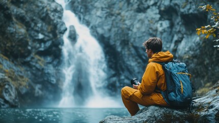 Obraz premium Adventurers sit by the waterfall capturing the natural beauty of the water.