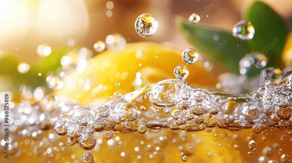 Wall mural a detailed image of juicy fruits with water droplets falling from the top, splashing onto the base