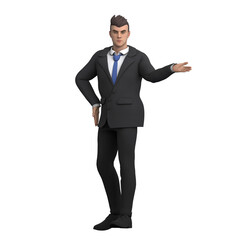 Illustrated 3D Attorney. A male lawyer stands with his hand on his hip and his other hand out to the side, as if explaining a point in a presentation. Male Legal Expert