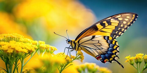 A detailed description for the stock photo would be a close up shot of a yellow and black butterfly perched peacefully on a minimalist bouquet of flowers, nature, wings, macro, nectar