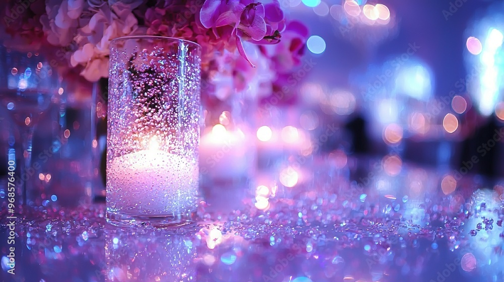Poster a vase of flowers on a table with a focused background and a sharp candle in the center