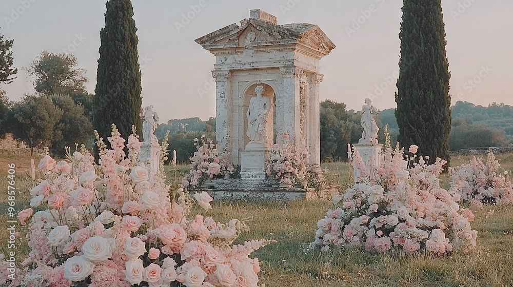 Poster a cemetery with an array of flowers in the foreground and a tall tower in the backdrop surrounded by