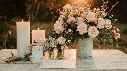  A table with two vases holding flowers, surrounded by candles and a stack of papers