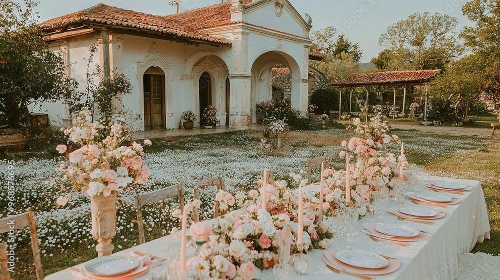 Poster a table with plates and flowers sits in front of a large white building with a red tiled roof