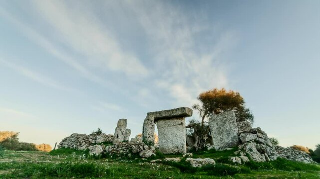 Timelapse of the Talati de Dalt ruins in Menorca, Spain, with fast-moving smooth clouds and shifting light over the ancient structures