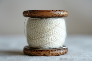 A white thread wound around a wooden spool.