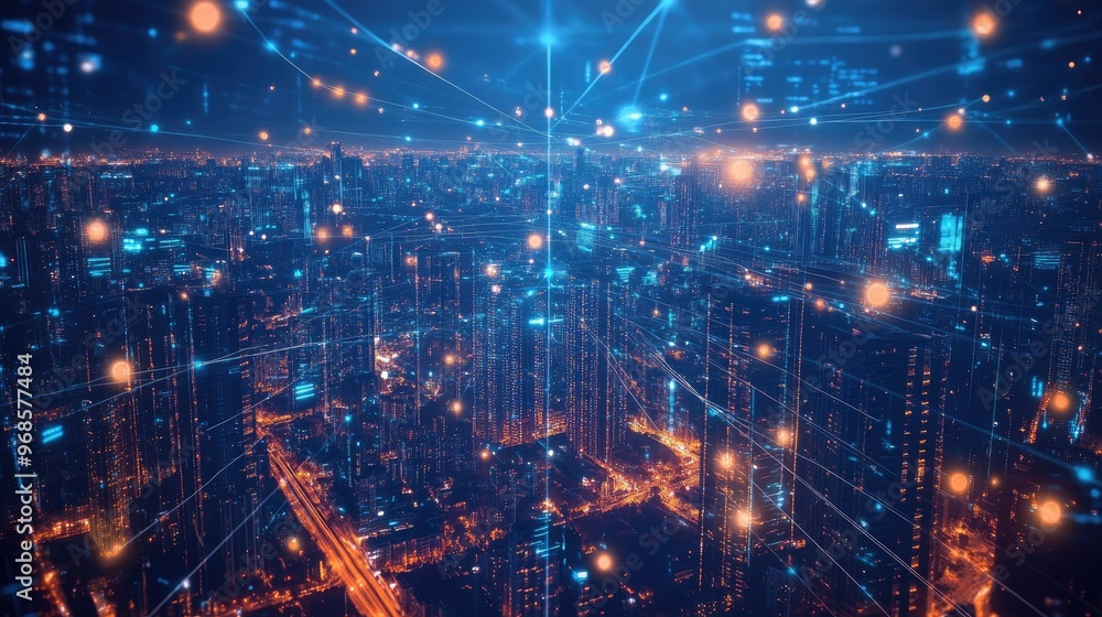 Poster glowing digital network lines running through a futuristic smart city, illustrating connectivity and