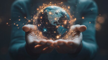 Hands cradling a virtual globe with glowing network connections, symbolizing global digital networks and communication technologies.