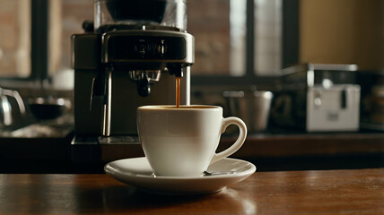Fototapeta premium Freshly brewed Espresso in a cup on the table