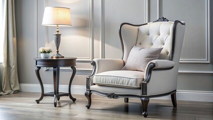 An elegant and sophisticated French country style wingback chair in white fabric with silver gray and black wood trim complemented by an ornate lamp on the side table