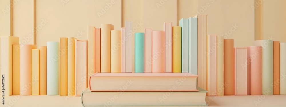 Poster podium resembling a stack of books with brightly colored pastel covers in varying textures. platform