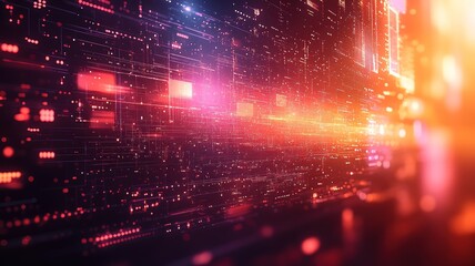 Abstract digital landscape with vibrant light trails and patterns.