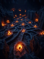 Fototapeta premium underground stone maze with flickering torches lighting the way through dark, mysterious passages.