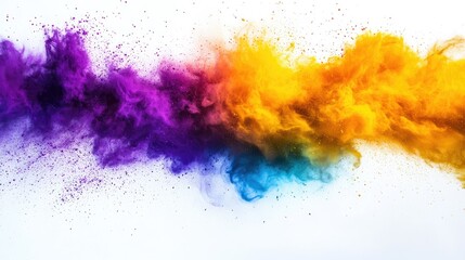 Holi powder bursting in yellow, purple, orange, and blue hues, creating an energetic and colorful display against a white backdrop.