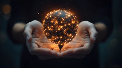 Human hands carefully cradling a glowing digital globe, symbolizing global network connections and the power of worldwide communication.