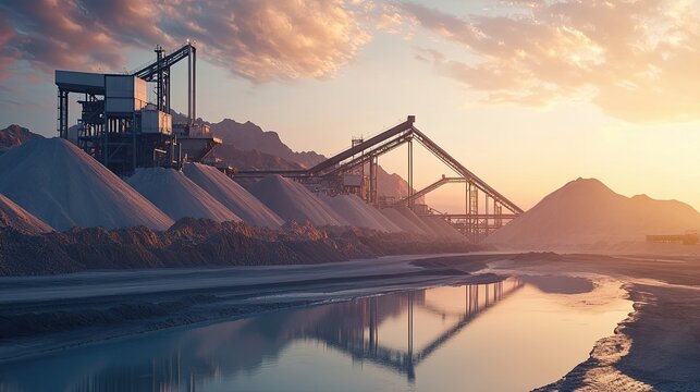 Industrial setting with large stockpiles of mineral resources ready for shipment, highlighting logistics and supply chain operations.