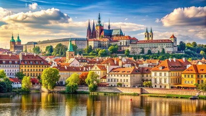 Prague panorama showcasing the magnificent Prague Castle overlooking the picturesque river Vltava framed by stunning architecture historical landmarks and charming scenery, Europe,Prague