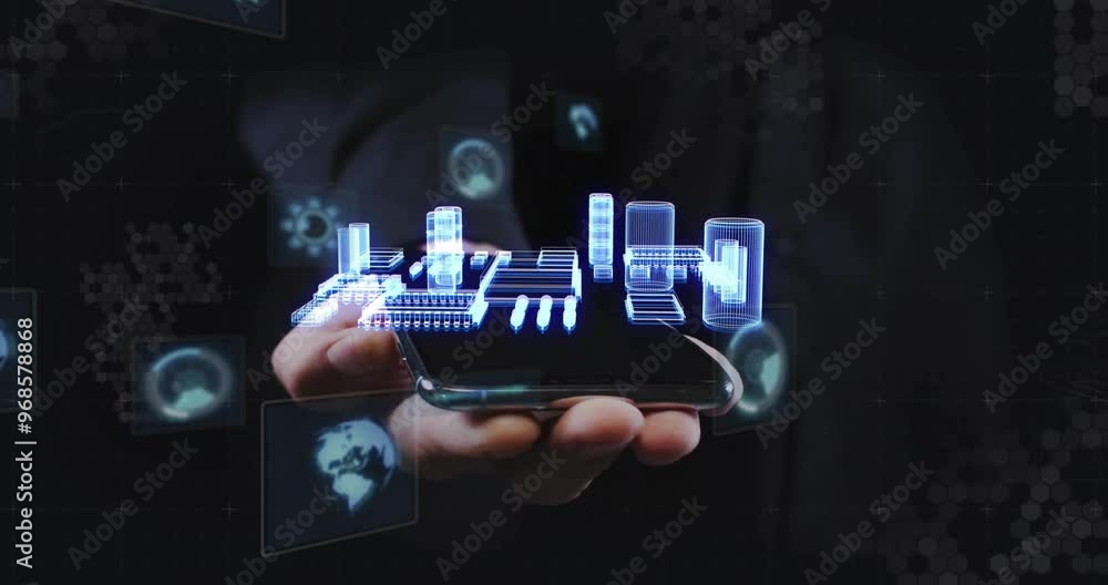 Poster animation of computing board and data processing over hand of businessman