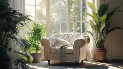 Luxurious reading nook featuring a tufted Chesterfield armchair, house plants, and large windows overlooking a sunlit garden