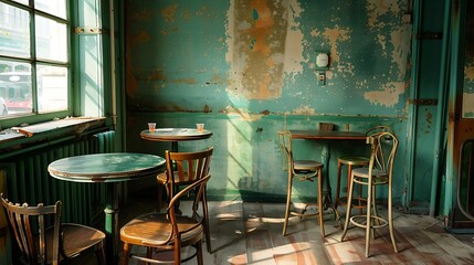 The old fashioned green high tables and chairs in the corner of the room