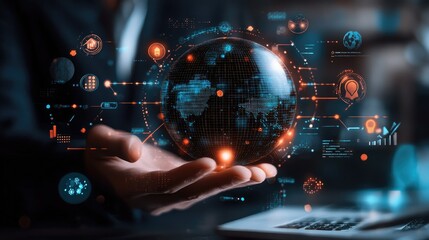 Obraz premium Marketing automation software visualized with global business connectivity, symbolizing the integration of digital marketing technologies.